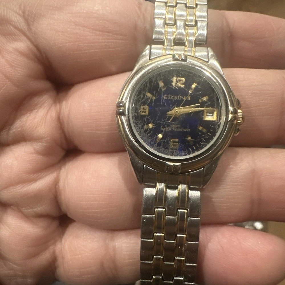 Works Eligin‎ Two Tone Quartz Watch Blue Dial  Women's Stretch Band 26mm Fit 7.5